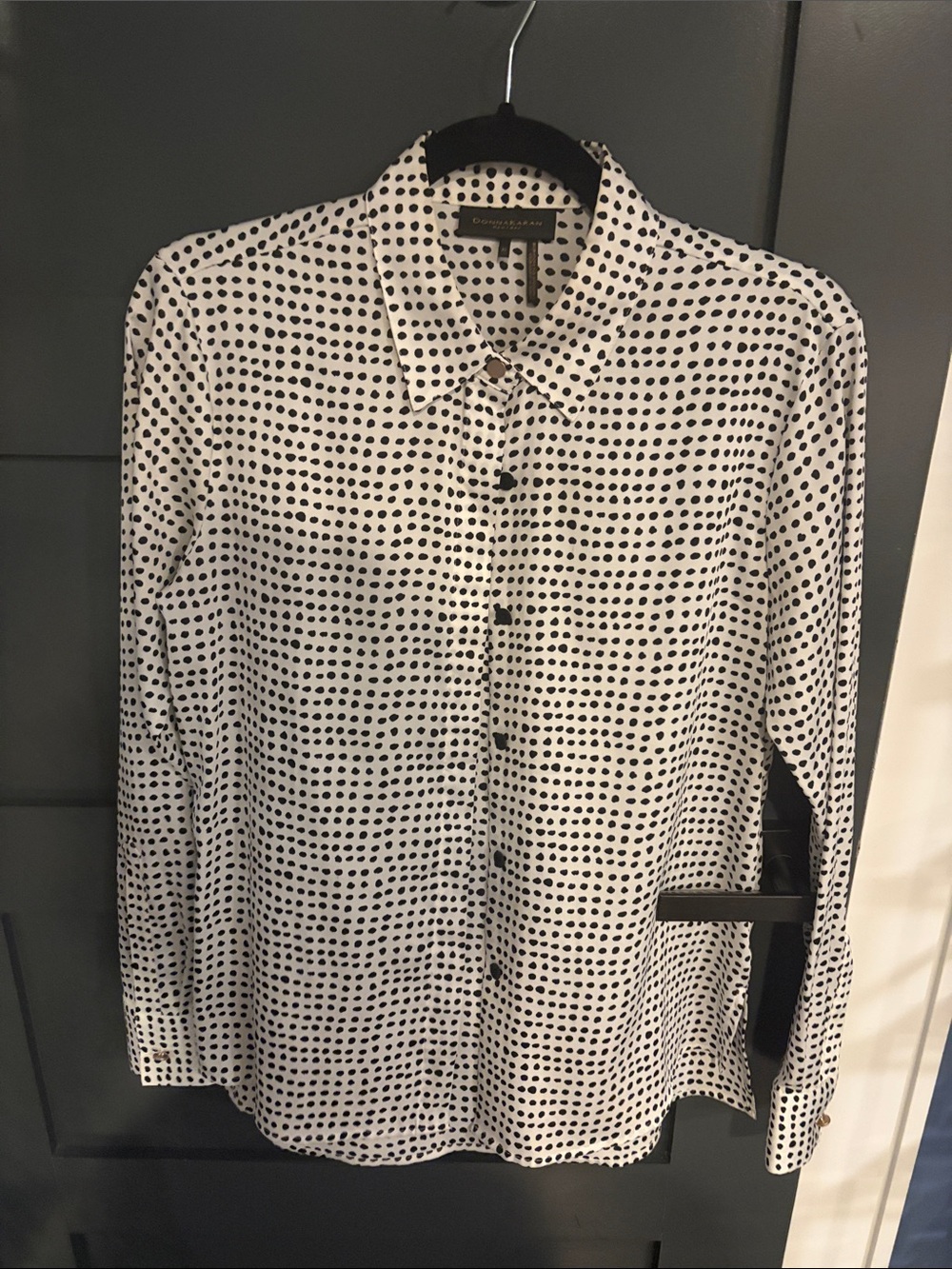 Donna Karan White Button-Up Blouse with Black Dot Print